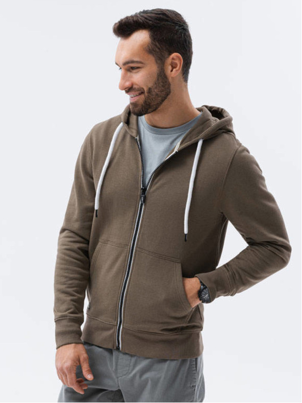 Ombre Clothing Khaki pánska mikina na zips s kapucňou Ombre Clothing B1145 basic basic