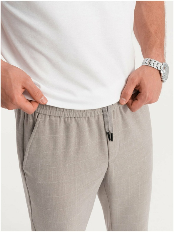 Ombre Clothing Svetlošedé pánske kockované nohavice Ombre Oblečenie