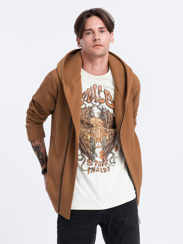 Ombre Clothing Hnedá pánska mikina s asymetrickým zapínaním Ombre Clothing