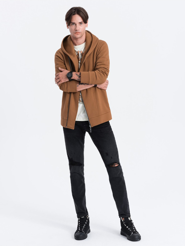 Ombre Clothing Hnedá pánska mikina s asymetrickým zapínaním Ombre Clothing