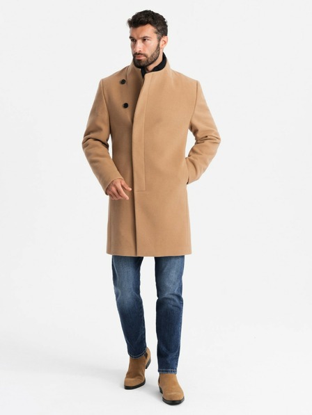 Ombre Clothing Pánsky kabát s asymetrickým zapínaním a vysokým golierom svetlohnedý Ombre Clothing