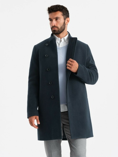 Ombre Clothing Pánsky asymetrický zapínaný kabát s vysokým golierom tmavomodrý Ombre Oblečenie