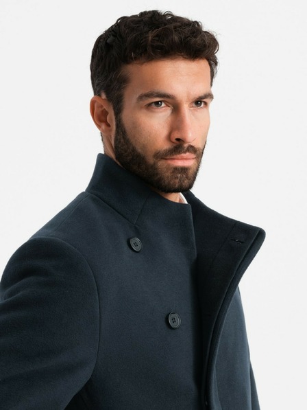 Ombre Clothing Pánsky asymetrický zapínaný kabát s vysokým golierom tmavomodrý Ombre Oblečenie
