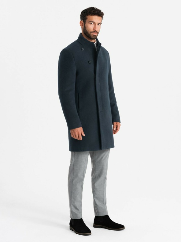 Ombre Clothing Pánsky asymetrický zapínaný kabát s vysokým golierom tmavomodrý Ombre Oblečenie