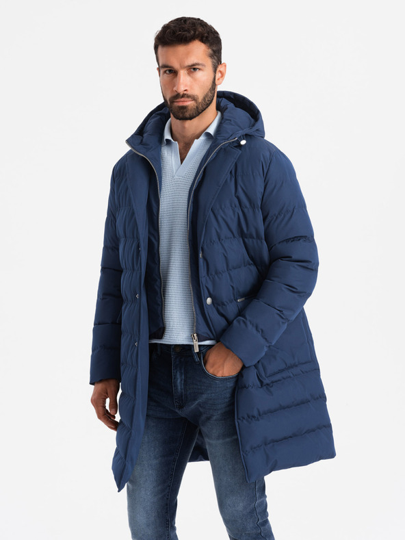Ombre Clothing Pánska dlhá prešívaná bunda s klopami a podšívkou tmavomodrá Ombre Clothing