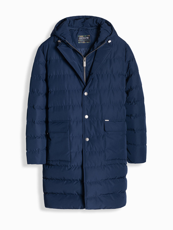 Ombre Clothing Pánska dlhá prešívaná bunda s klopami a podšívkou tmavomodrá Ombre Clothing