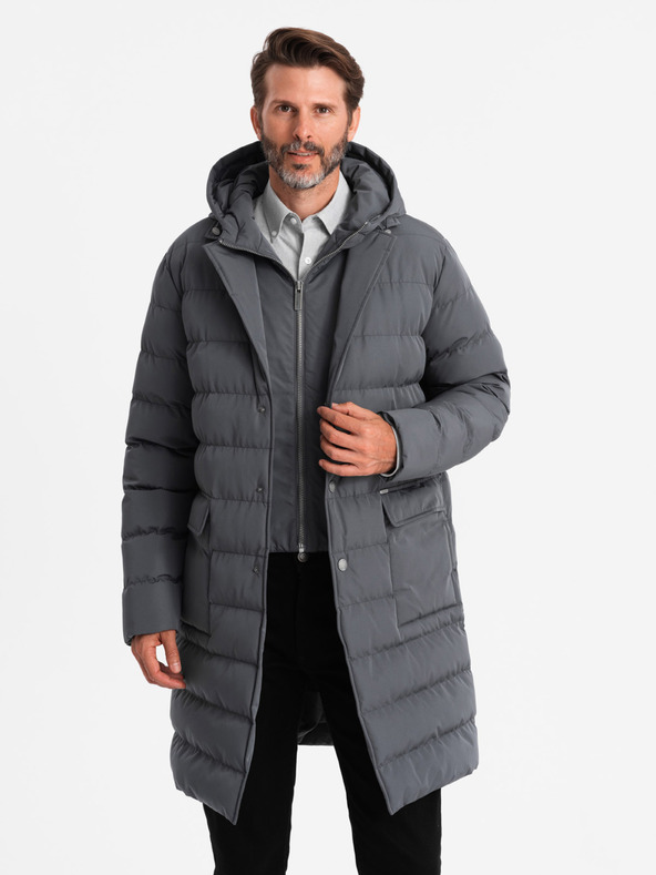 Ombre Clothing Pánska dlhá prešívaná bunda s klopami a podšívkou graphite Ombre Clothing