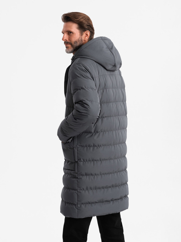 Ombre Clothing Pánska dlhá prešívaná bunda s klopami a podšívkou graphite Ombre Clothing