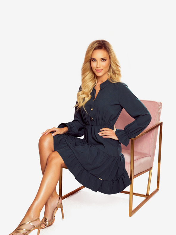 numoco Zelené šaty s volánmi a zlatými gombíkmi Numoco