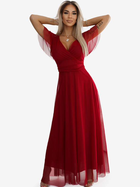 numoco Dlhé šaty s výstrihom a krátkymi rukávmi - bordové Numoco NASTIA