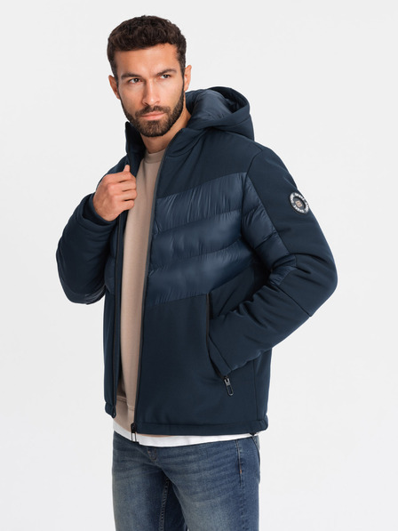 Ombre Clothing Pánska prešívaná kombinovaná bunda s vysokým golierom Tmavomodrá Oblečenie Ombre