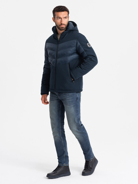 Ombre Clothing Pánska prešívaná kombinovaná bunda s vysokým golierom Tmavomodrá Oblečenie Ombre