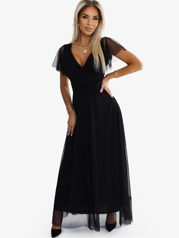 numoco Dlhé šaty s výstrihom a krátkymi rukávmi - čierne Numoco NASTIA
