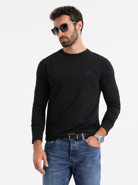 Ombre Clothing Pánske tričko SLIM FIT s dlhým rukávom a výstrihom do V s elastanom a potlačou čierna Ombre Oblečenie