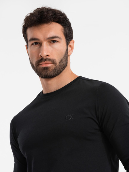 Ombre Clothing Pánske tričko SLIM FIT s dlhým rukávom a výstrihom do V s elastanom a potlačou čierna Ombre Oblečenie