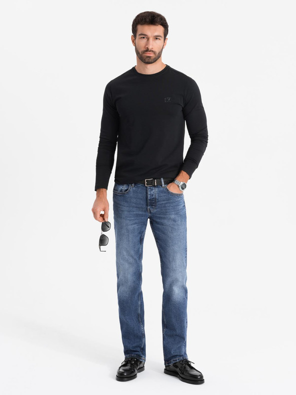 Ombre Clothing Pánske tričko SLIM FIT s dlhým rukávom a výstrihom do V s elastanom a potlačou čierna Ombre Oblečenie