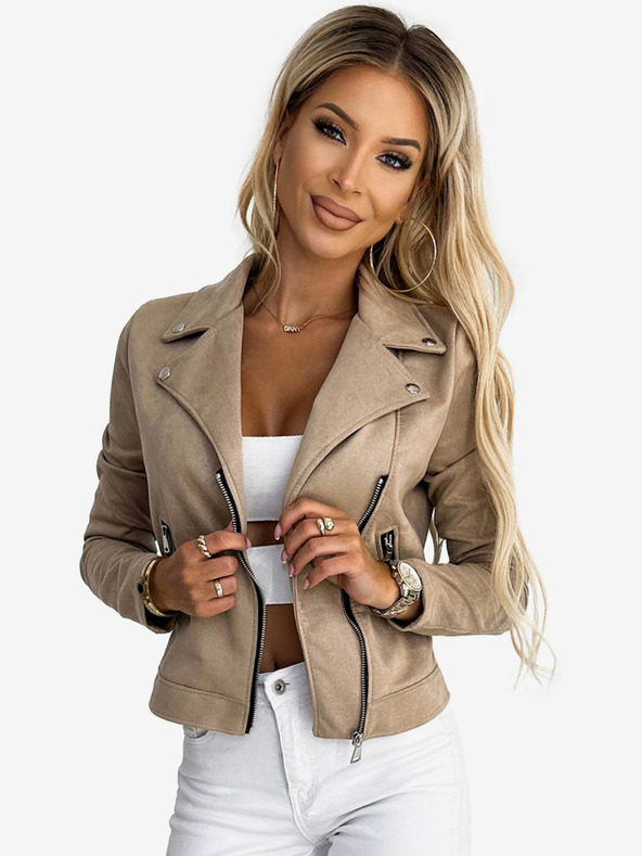 numoco Béžová dámska semišová bunda s dlhými rukávmi a zipsami Numoco