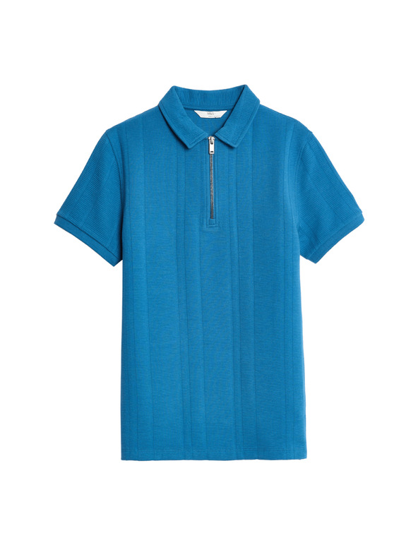 Marks & Spencer Texturovaná polokošeľa z čistej bavlny so zipsom (2-16 rokov) Marks & Spencer modrá