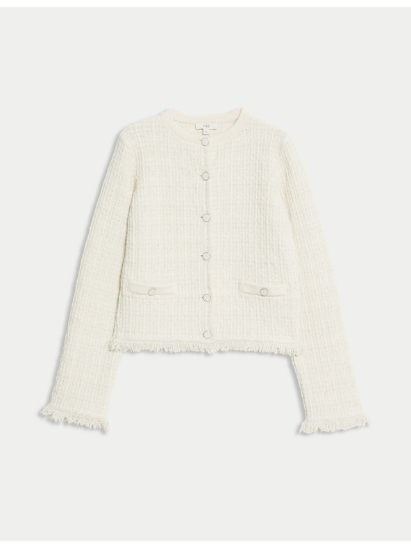 Marks & Spencer Pletený kardigan s strapcami a výstrihom ku krku, s vysokým podielom bavlny Marks & Spencer smotanová