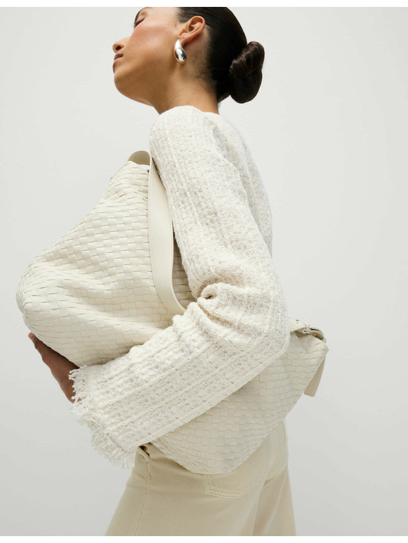 Marks & Spencer Pletený kardigan s strapcami a výstrihom ku krku, s vysokým podielom bavlny Marks & Spencer smotanová