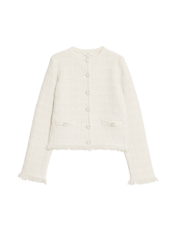 Marks & Spencer Pletený kardigan s strapcami a výstrihom ku krku, s vysokým podielom bavlny Marks & Spencer smotanová