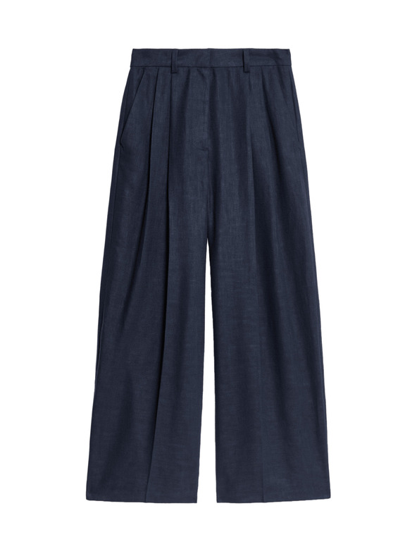 Marks & Spencer Keprové nohavice s vysokým podielom ľanu a širokými nohavicami Marks & Spencer námorná modrá