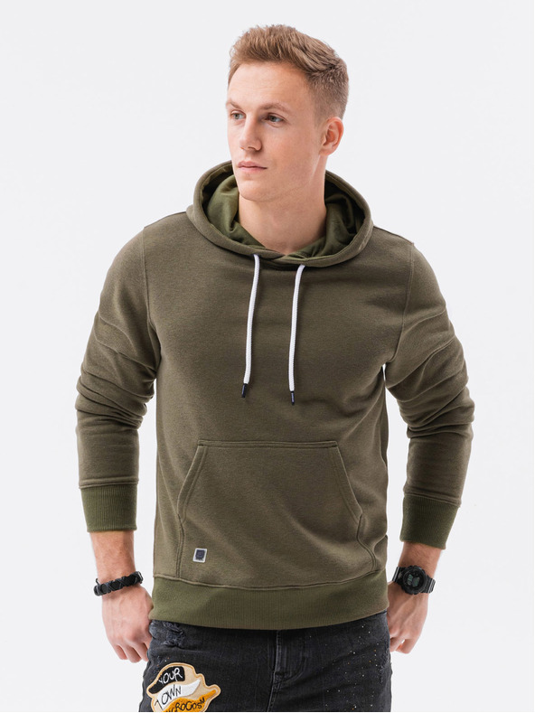 Ombre Clothing Khaki pánska základná mikina s kapucňou Ombre Oblečenie