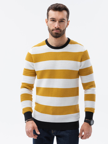 Ombre Clothing Pánsky bielo-horčicový pruhovaný sveter Ombre Clothing E189