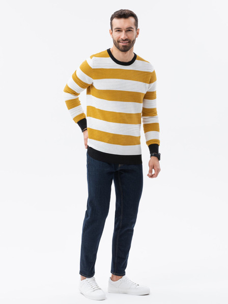 Ombre Clothing Pánsky bielo-horčicový pruhovaný sveter Ombre Clothing E189