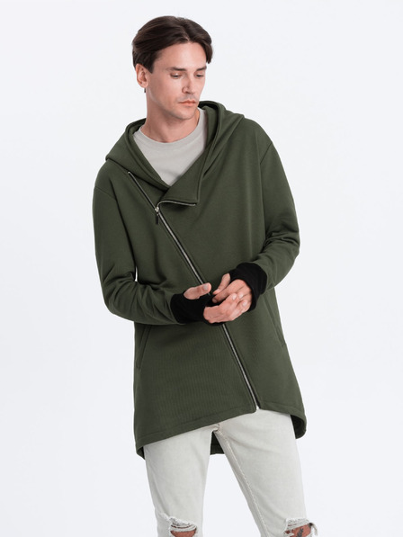 Ombre Clothing Tmavozelená pánska mikina s asymetrickým zapínaním Ombre Clothing