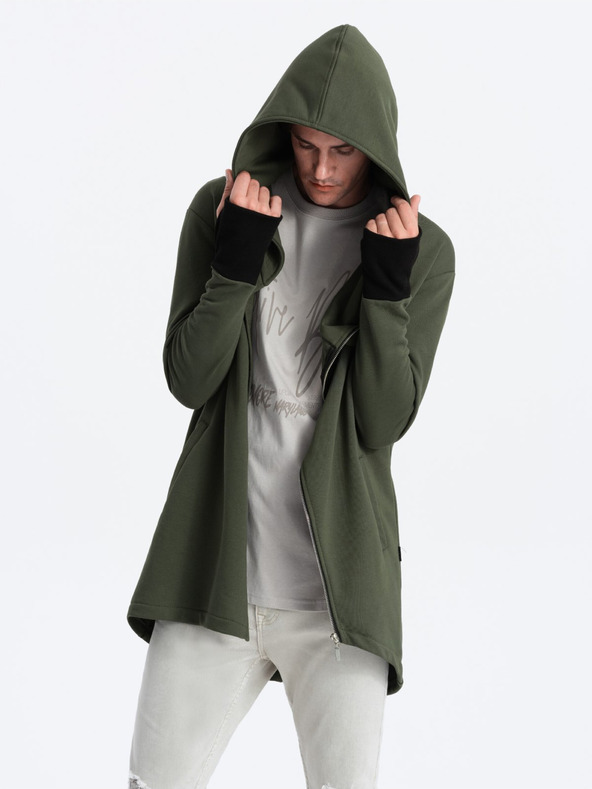 Ombre Clothing Tmavozelená pánska mikina s asymetrickým zapínaním Ombre Clothing