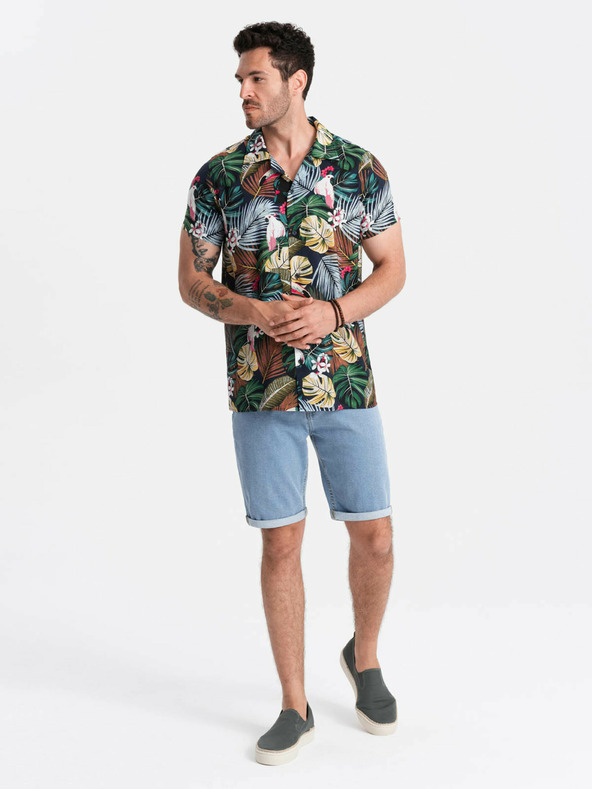 Ombre Clothing Modré pánske vzorované tričko s krátkym rukávom Ombre Oblečenie