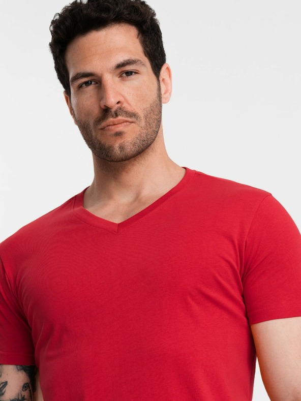 Ombre Clothing Červené pánske bavlnené tričko so základným výstrihom Ombre Clothing