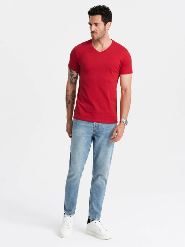 Ombre Clothing Červené pánske bavlnené tričko so základným výstrihom Ombre Clothing