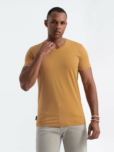 Ombre Clothing Horčicové pánske bavlnené tričko s výstrihom Ombre Clothing