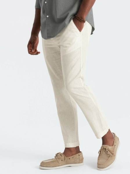 Ombre Clothing Krémové pánske chino nohavice so zmesou ľanu Ombre Clothing