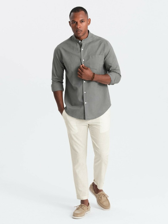 Ombre Clothing Krémové pánske chino nohavice so zmesou ľanu Ombre Clothing