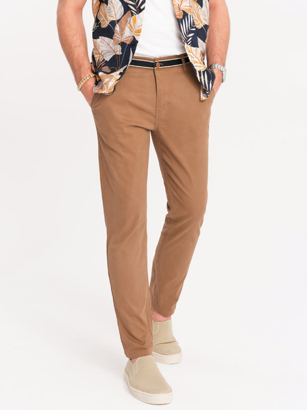 Ombre Clothing Hnedé pánske chino nohavice s ozdobným opaskom Ombre Oblečenie