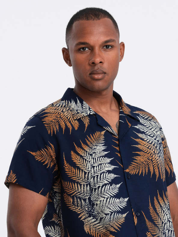 Ombre Clothing Tmavomodré pánske vzorované tričko s krátkym rukávom Ombre Oblečenie