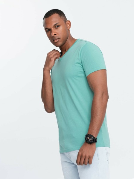 Ombre Clothing Tyrkysové pánske bavlnené tričko so základným výstrihom Ombre Clothing
