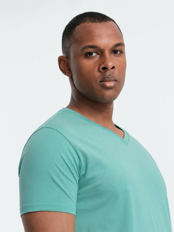 Ombre Clothing Tyrkysové pánske bavlnené tričko so základným výstrihom Ombre Clothing