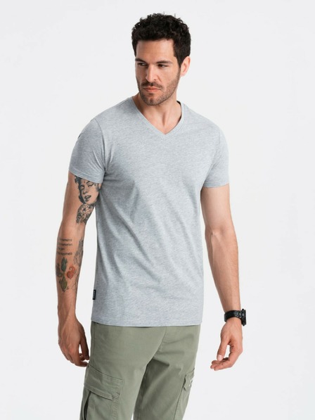 Ombre Clothing Šedé pánske bavlnené základné tričko s výstrihom Ombre Clothing