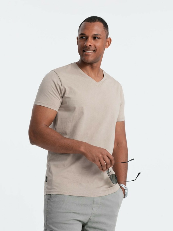 Ombre Clothing Pánske klasické bavlnené tričko BASIC s výstrihom do V - pieskové V5 OM-TSBS-0145 Ombre Clothing