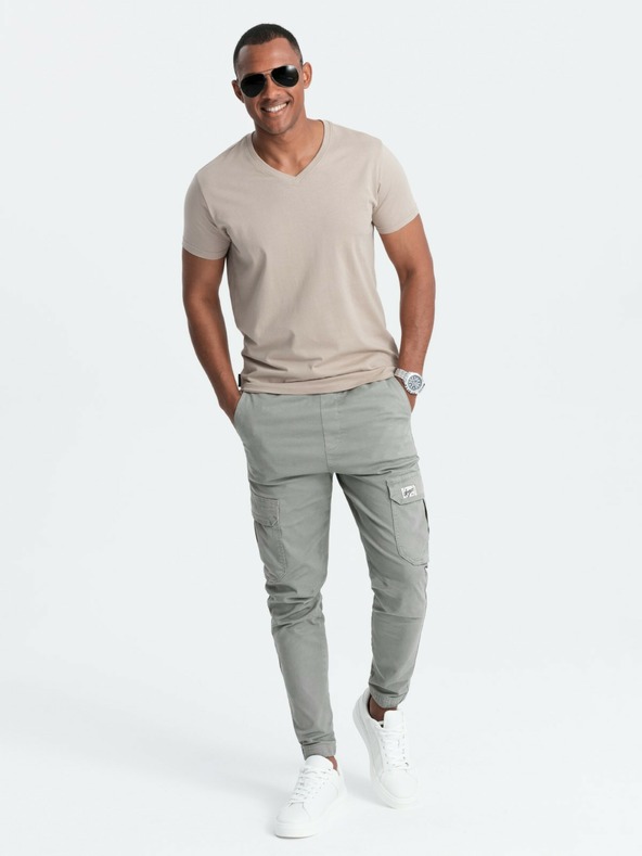 Ombre Clothing Pánske klasické bavlnené tričko BASIC s výstrihom do V - pieskové V5 OM-TSBS-0145 Ombre Clothing