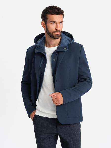 Ombre Clothing Pánska bunda s kapucňou a vysokým golierom tmavomodrá Ombre Clothing