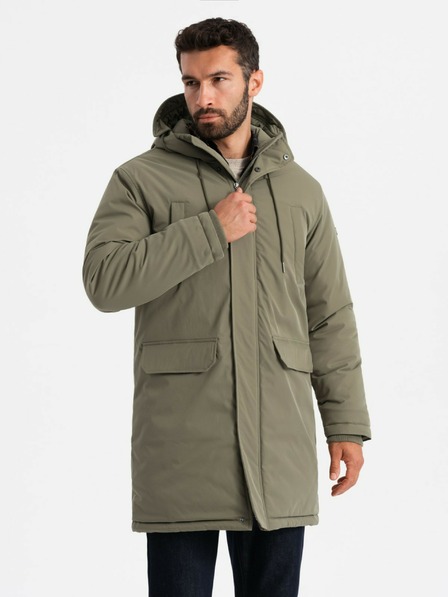 Ombre Clothing Pánska klasická dlhá bunda parka olivová Ombre Clothing
