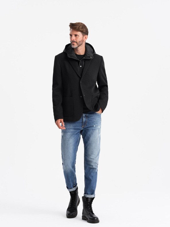 Ombre Clothing Pánska bunda s vysokým golierom a kapucňou čierna Ombre Clothing