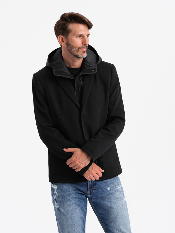 Ombre Clothing Pánska bunda s vysokým golierom a kapucňou čierna Ombre Clothing