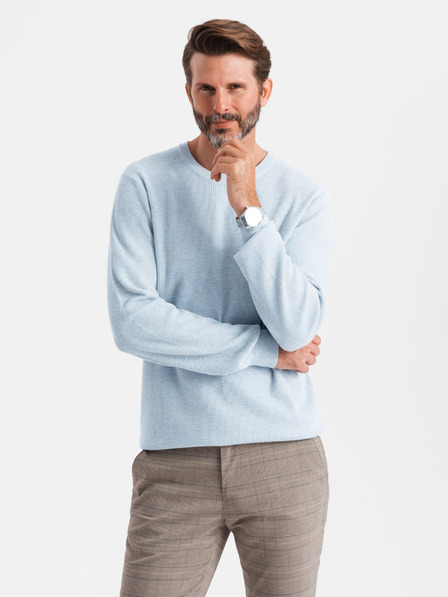 Ombre Clothing Pánsky melírovaný štruktúrovaný pletený sveter modrý Ombre Oblečenie