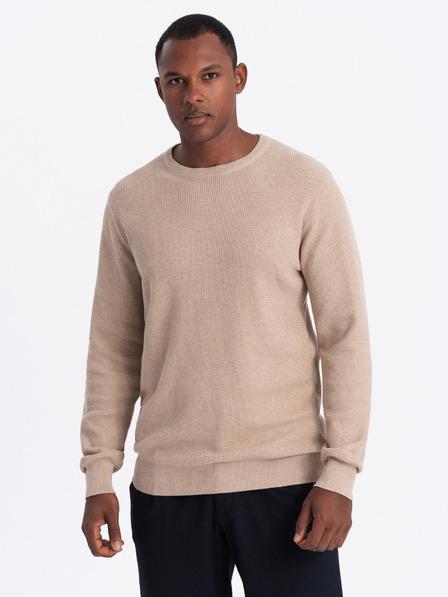 Ombre Clothing Pánsky melanžový štruktúrovaný pletený sveter sand Ombre Oblečenie